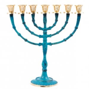 Seven Branch Menorah, Brass with Gold and Deep Blue Patina - 12"