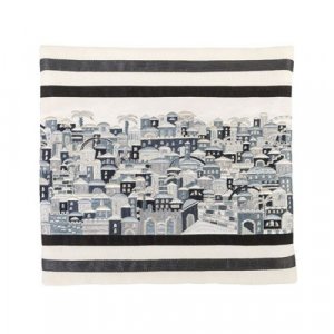 Yair Emanuel Embroidered Tallit Bag, Tefillin bag Panoramic Jerusalem - Black and Gray
