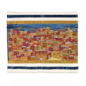 Yair Emanuel Embroidered Tallit Bag, Tefillin Bag, Panoramic Jerusalem - Gold