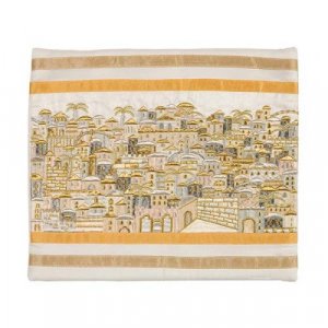 Yair Emanuel Embroidered Tallit Bag, Tefillin Bag Panoramic Jerusalem - Silver and Gold