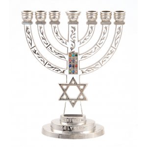 7-Branch Menorah, White on Silver with Breastplate and Star of David – 5.2"