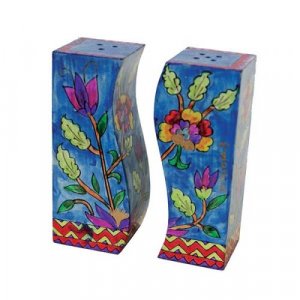 Yair Emanuel Hand-Painted Wood Fitted Salt & Pepper Shaker - Lively Flowers