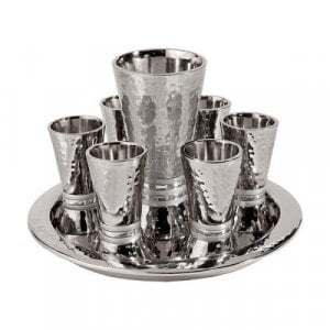 Yair Emanuel Hammered Nickel Kiddush Goblet and 6 Cups with Tray - Silver Rings