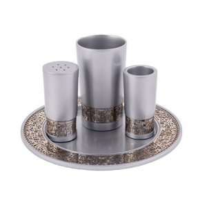 Yair Emanuel Aluminum Havdalah Set with Gold Jerusalem Band - Silver-Grey