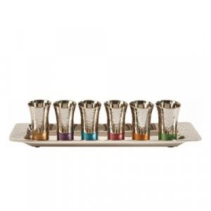 Yair Emanuel Six Hammered Nickel Kiddush Cups and Tray - Multicolor