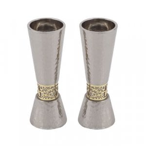 Yair Emanuel Cone Candlesticks with Gold Pomegranate Band - Hammered Silver