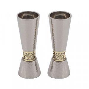 Yair Emanuel Cone Candlesticks with Gold Pomegranate Band - Hammered Silver
