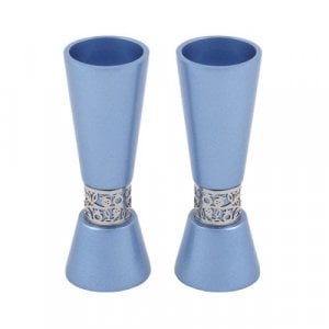 Yair Emanuel Cone Shaped Candlesticks with Silver Pomegranate Band - Blue