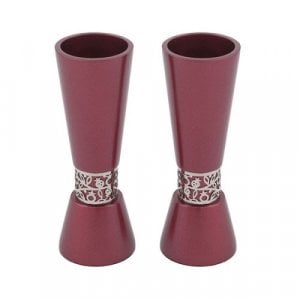 Yair Emanuel Cone Shaped Candlesticks with Silver Pomegranate Band - Maroon
