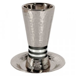 Yair Emanuel Hammered Nickel Cone Kiddush Cup Set - Black and Silver Rings