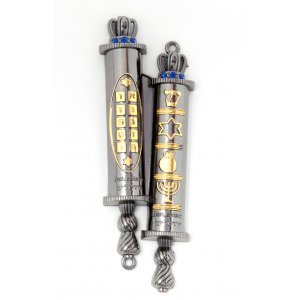 Double Mezuzah Case, Torah Scroll and Judaic Motifs & Blue Stones – Silver & Gold