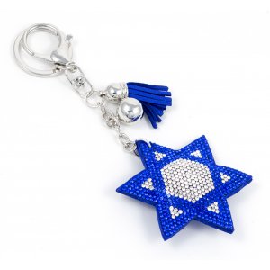 Padded Felt Star of David Key Chain, Glitter Blue and Silver Stones with Tassel