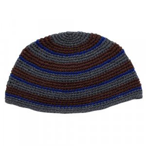Frik Kippah – Thick Crocheted Weave of Gray, Brown and Royal Blue Stripes