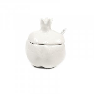 Pomegranate Shaped Ceramic Honey Dish with Lid and Spoon - White