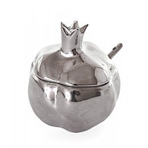 Pomegranate Shaped Silver Ceramic Honey Dish with Lid and Spoon