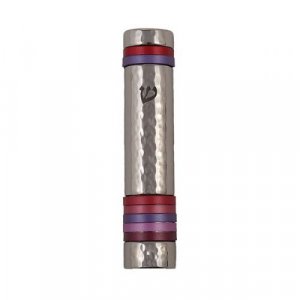Yair Emanuel Hammered Aluminum Silver Mezuzah Case - Red and Pink Bands