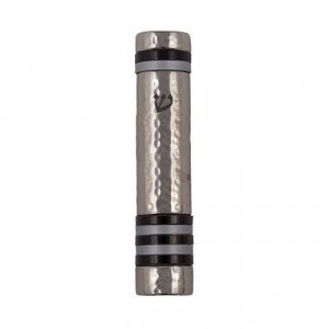 Yair Emanuel Hammered Aluminum Silver Mezuzah Case - Black Bands