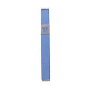 Yair Emanuel Stainless Street Mezuzah Case, Cutout Shin Letter - Blue