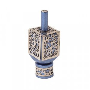 Yair Emanuel Hanukkah Dreidel and Stand, Cutout Pomegranates - Silver on Blue