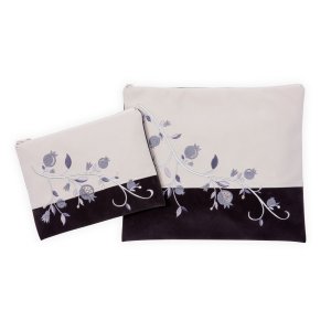 Ronit Gur Impala Tallit Bags Set Offwhite & Gray - Silver Embroidery Pomegranates