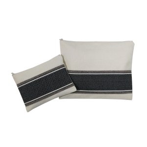 Ronit Gur Tallit and Tefillin Bags Set, Gray Herringbone Stitch on Off-White