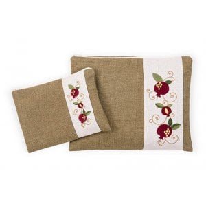Ronit Gur Tallit and Tefillin Bags Set, Embroidered Red Pomegranates on Green