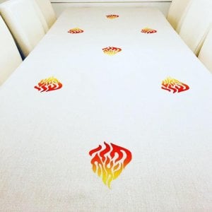 Ivory Colored Tablecloth Decorated with Breslev Flame Design - Ha&#233;sh Sheli