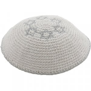 White Knitted Kippah with Silver Stars of David