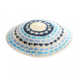 Stripes of Blue DMC Knitted Kippah with White Background