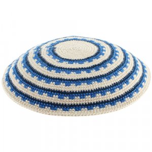 Blue Stripes and Geometric DMC Knitted Kippah with White Background