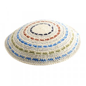 DMC Knitted Kippah with Blue, Green and Brown Thin Stripes