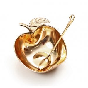 Gleaming Gold Honey Dish, Open Apple Shape - With Spoon