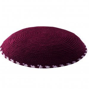 Maroon DMC Knitted Kippah with White and Maroon Border