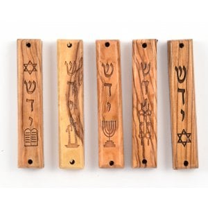 Set of Five Olive Wood Mezuzah Cases with Judaic Symbols - 3.5" Length