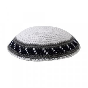 White Knitted Kippah with Gray and Black Border