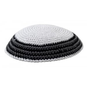 White Knitted Kippah with Thin White and Gray Border Stripes
