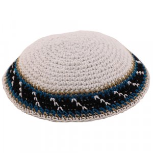Blue Knitted Kippah with Black, Teal and White Border Design