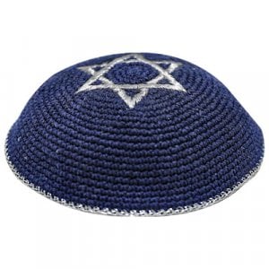 Blue Knitted Kippah with Silver Star of David