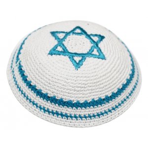 White Knitted Kippah with Turquoise Star of David and Border Stripes