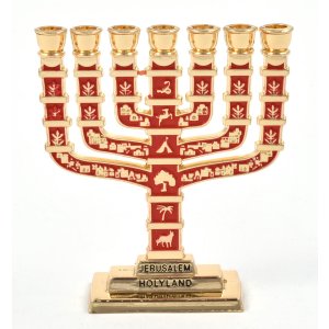 Miniature 7 Branch Menorah with Judaic Symbols, Red and Gold - 2.7 Height