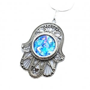 Sterling Silver Hamsa Pendant Necklace with Roman Glass and Open Filigree