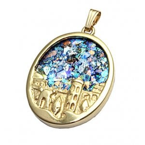 14K Gold Oval Pendant with Roman Glass and Sculpted Jerusalem Image