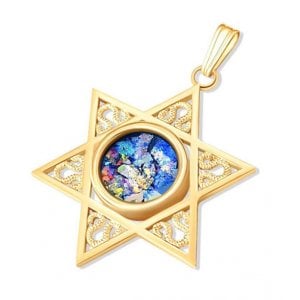 14K Gold Roman Glass Decorative Star of David Pendant with Filigree Art