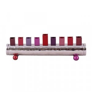 Yair Emanuel Cylinder Chanukah Menorah, Hammered Aluminum - Red and Pink