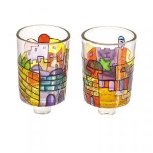 Yair Emanuel Pair of Stained Glass Colors Candle Holders - Jerusalem