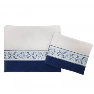 Ronit Gur Impala Tallit Bag Set, Blue and Off-White with Decorative Ribbon