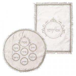 White Satin Passover Matzah & Afikoman Set with Embroidered Pesach Seder Plate