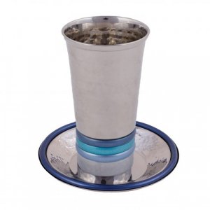 Yair Emanuel Hammered Kiddush Cup and Saucer with Rings - Blue
