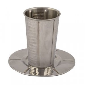 Yair Emanuel Stainless Steel Kiddush Cup and Saucer - Vertical Hammered Stripe