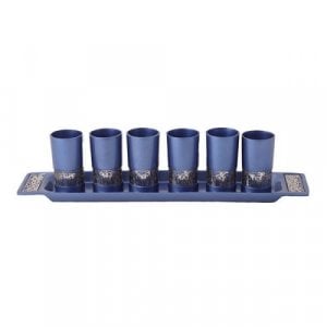Yair Emanuel Six Small Kiddush Cups with Tray, Jerusalem Cutout - Blue